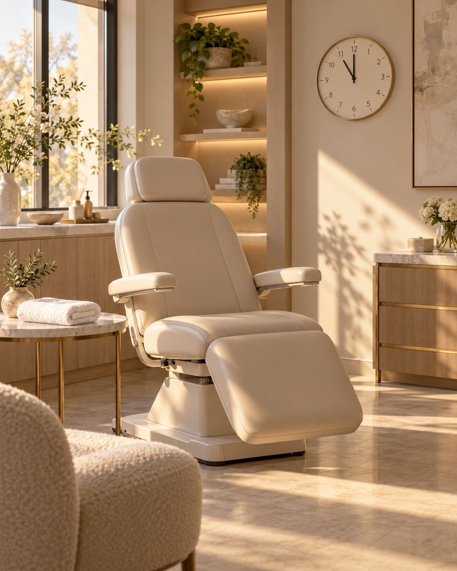 An empty treatment chair in a bright clinic room at 11 am
