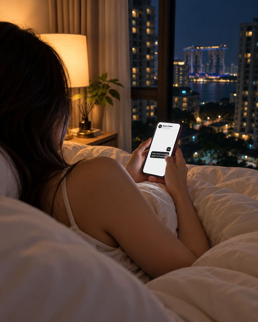A woman in bed at night, messaging a clinic on her phone